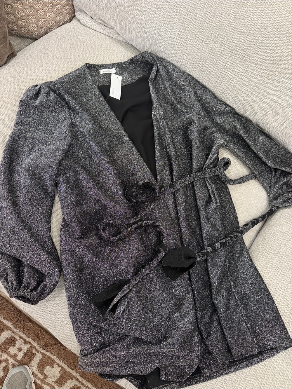 Arket Metallic Charcoal Wrap Dress with Braided Ties